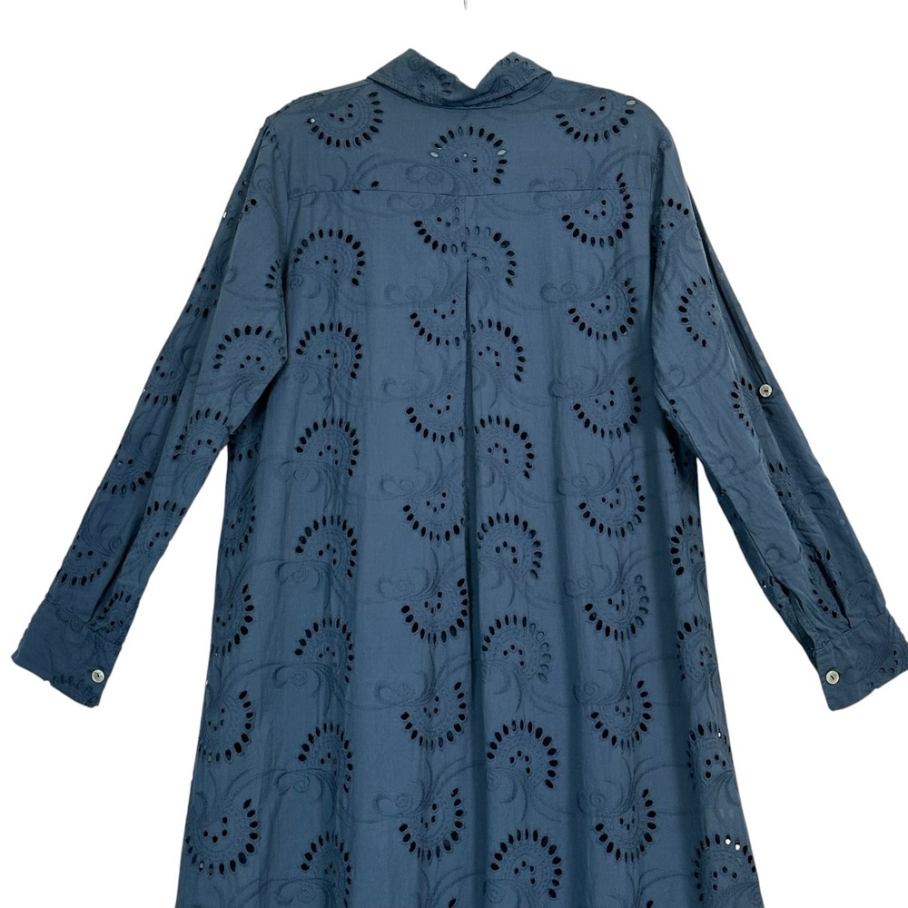 Italian Cotton Eyelet Shirt Dress Blue Embroidered Tunic Long Sleeve L - Picture 8 of 11